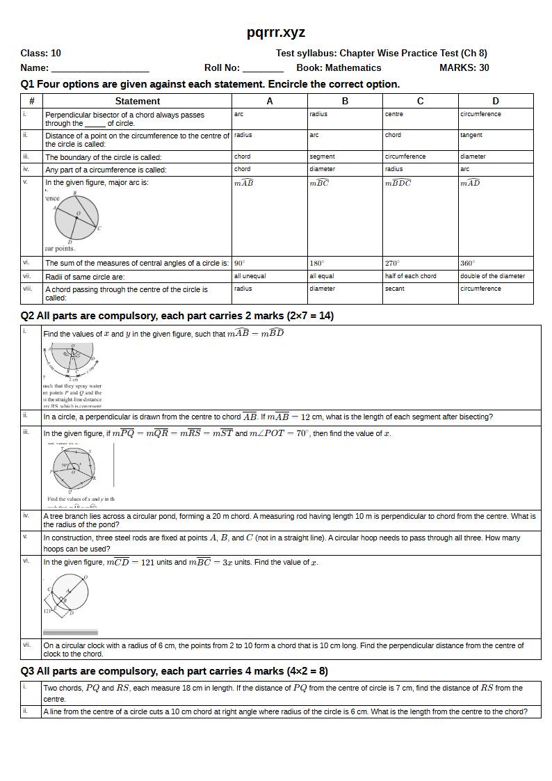 First page of 10th Mathematics – Chapter 8 – Chords and Arcs of a Circle – Chapter Wise Practice Test, 30 marks (English)