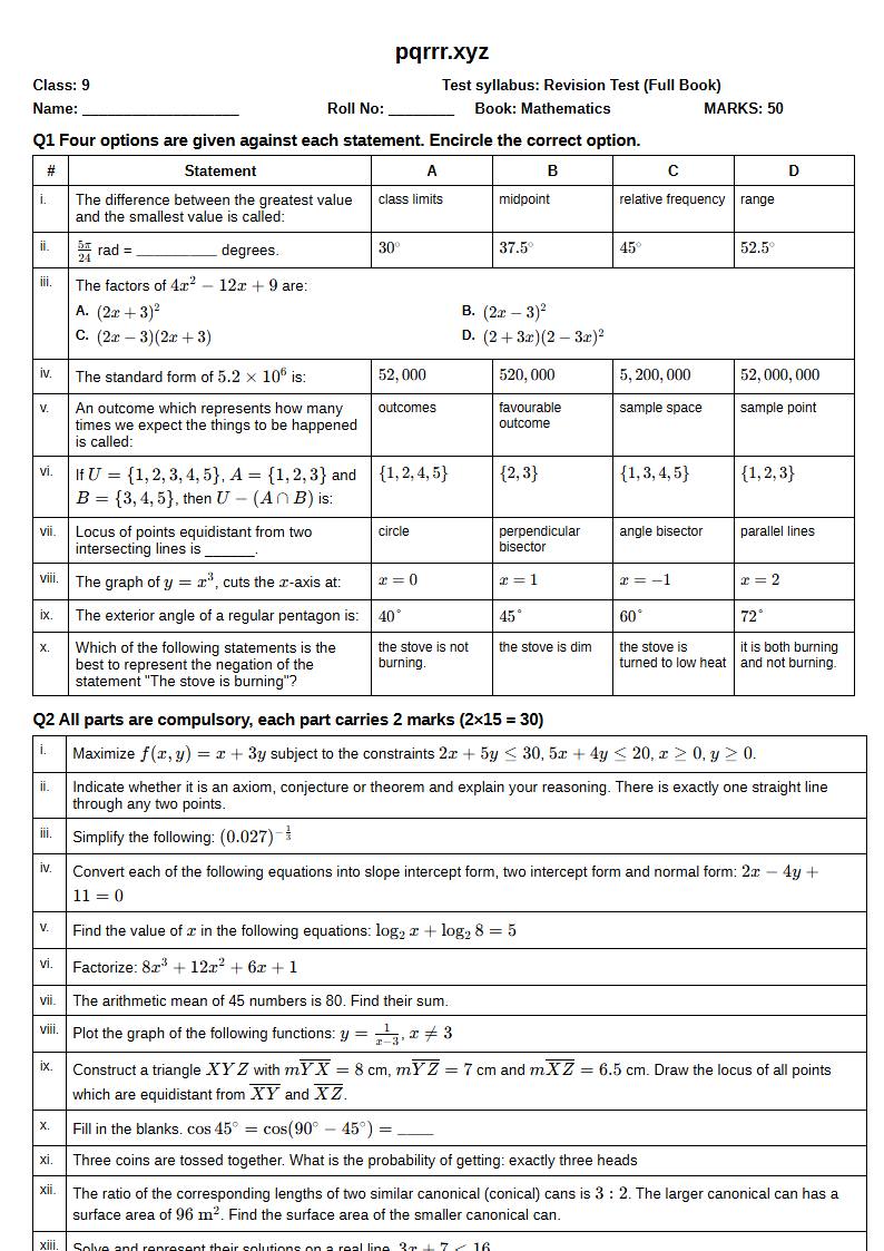First page of 9th Mathematics – Complete book – Revision Test, 50 marks (English)