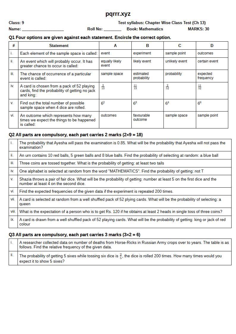 First page of 9th Mathematics – Chapter 13 – Probability – Chapter Wise Class Test, 30 marks (English)