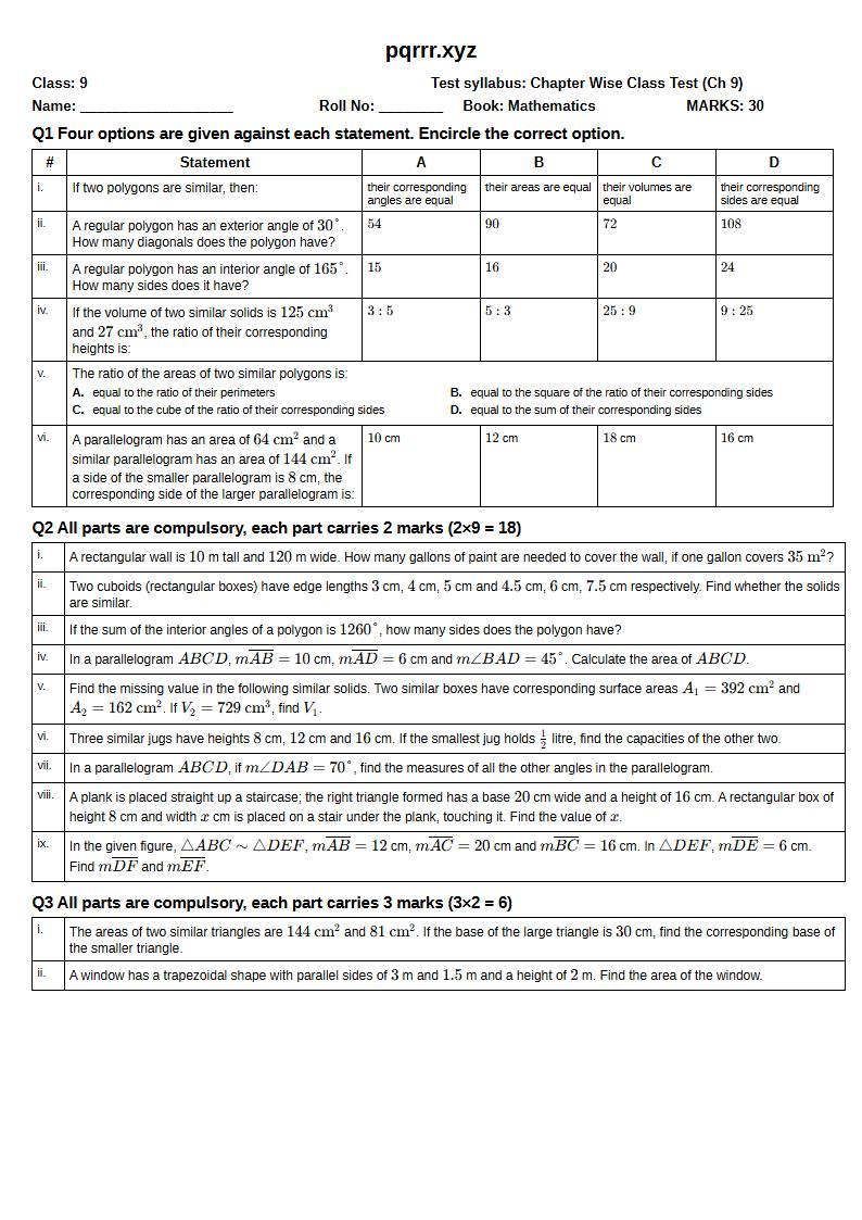 First page of 9th Mathematics – Chapter 9 – Similar Figures – Chapter Wise Class Test, 30 marks (English)