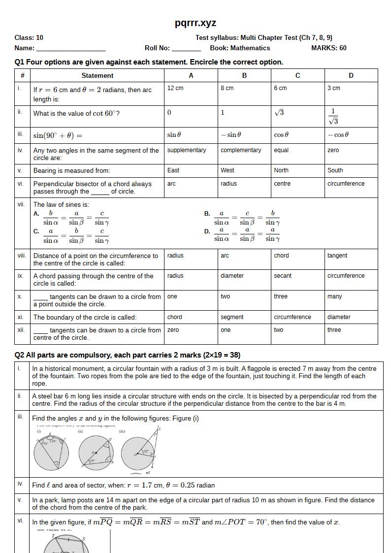 First page of 10th Mathematics – Chapters 7–9 – Multi Chapter Test, 60 marks (English)