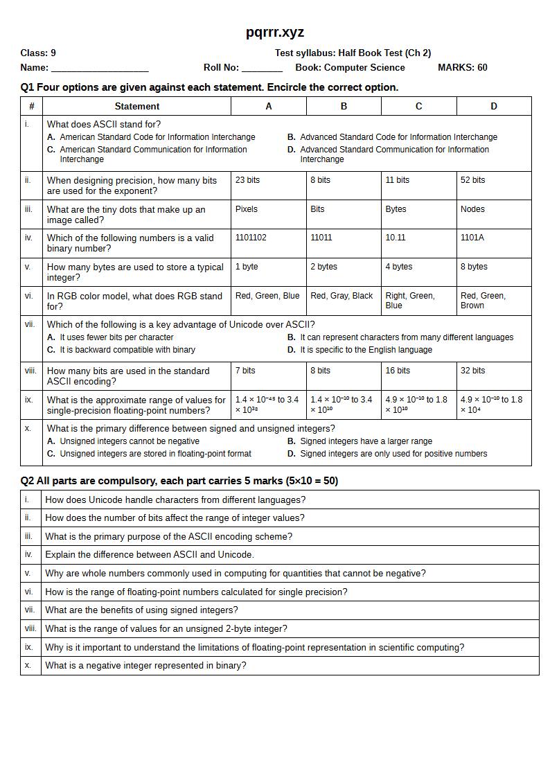 First page of 9th Computer Science – Half book (Chapters 2) – Half Book Test, 60 marks (English)