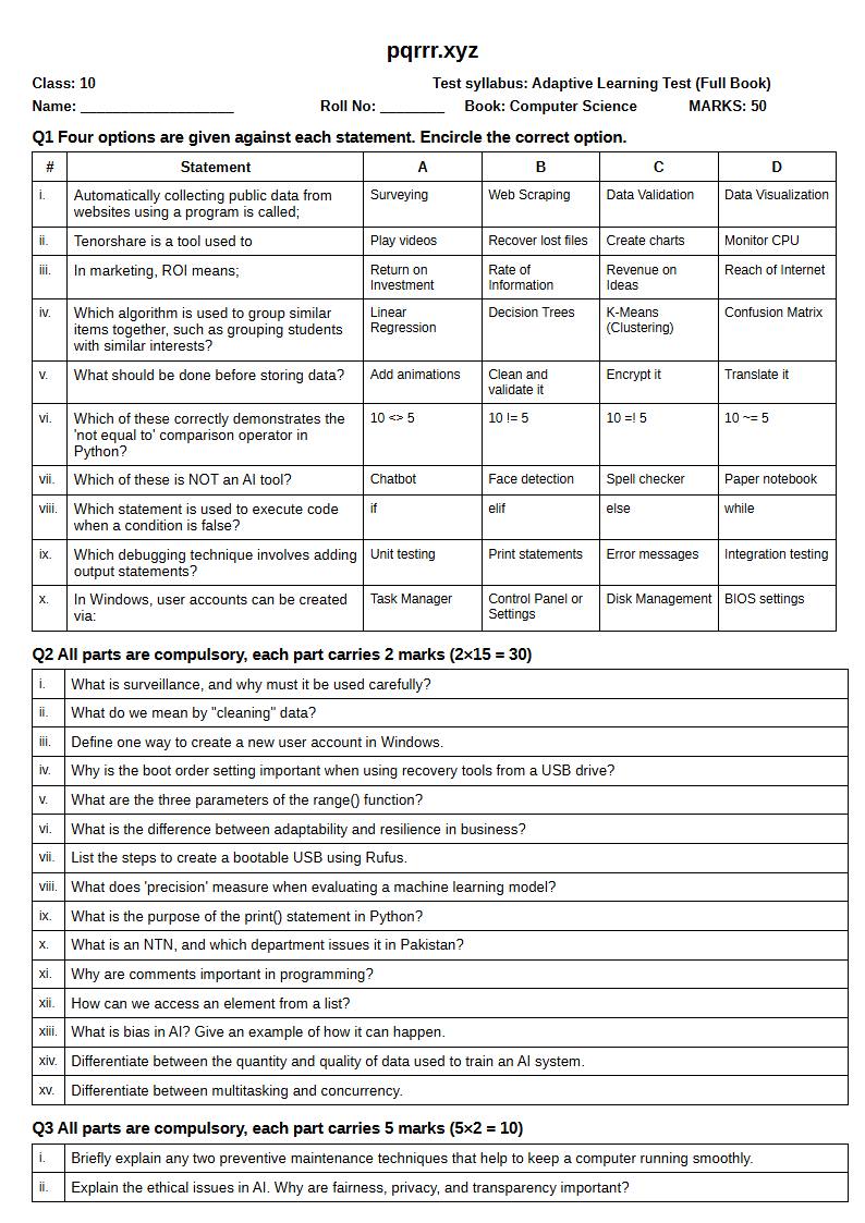 First page of 10th Computer Science – Complete book – Adaptive Learning Test, 50 marks (English)