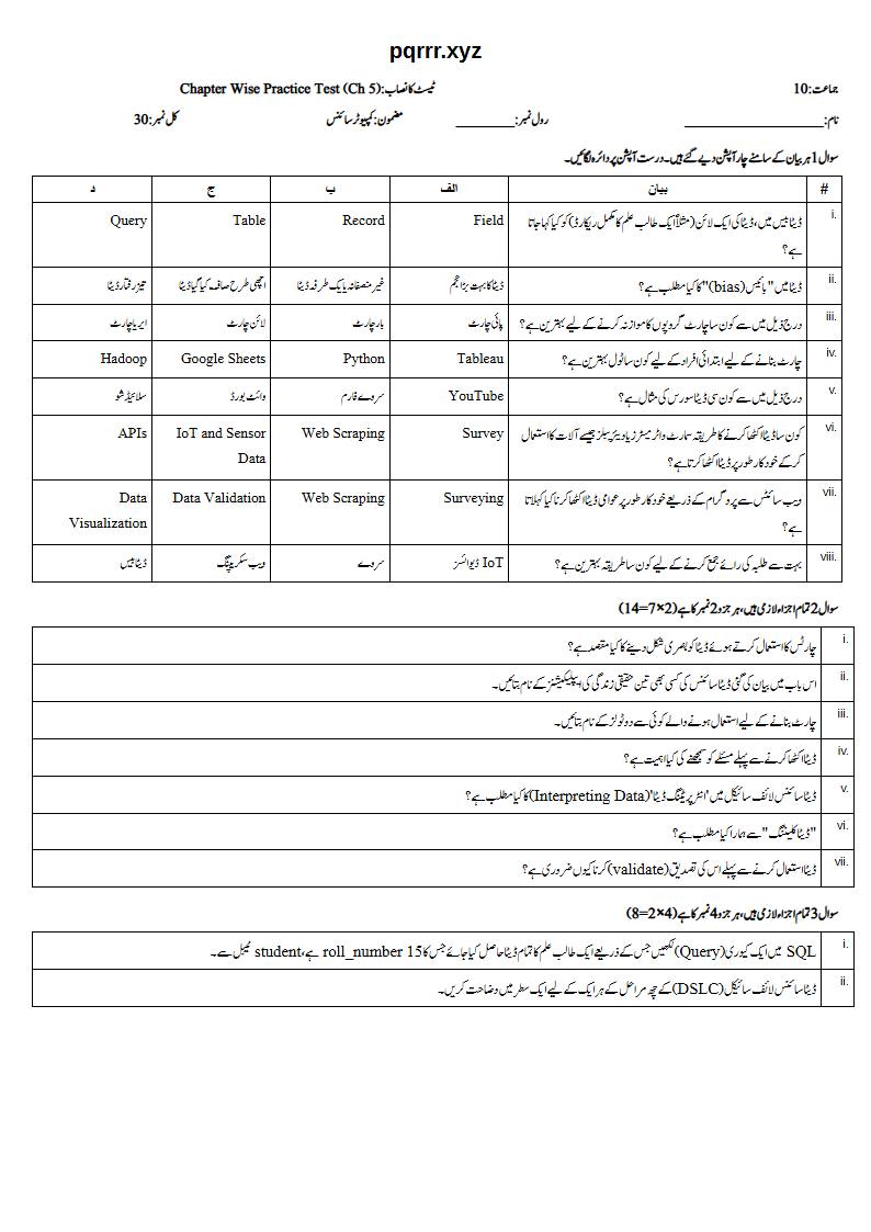 First page of 10th Computer Science – Chapter 5 – Introduction to Data Science – Chapter Wise Practice Test, 30 marks (Urdu)