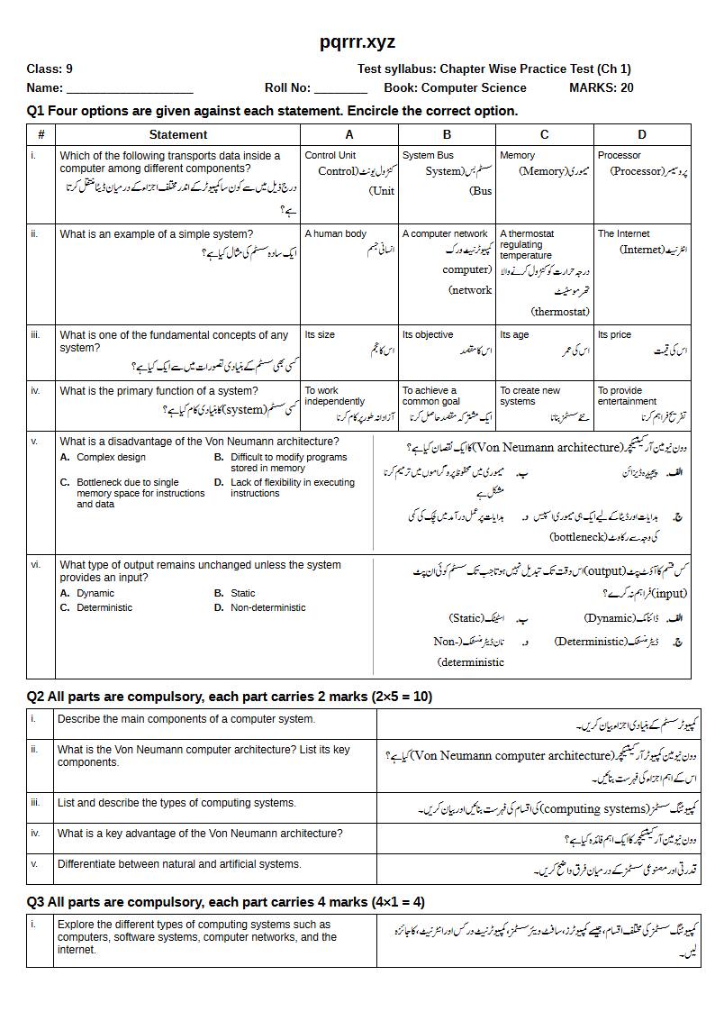 First page of 9th Computer Science – Chapter 1 – Computer System – Chapter Wise Practice Test, 20 marks (English + Urdu)
