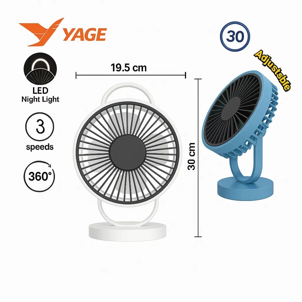 YAGE YG-7999N Rechargeable 8-Inch 360° Rotation Fan with LED Light – White Color alt