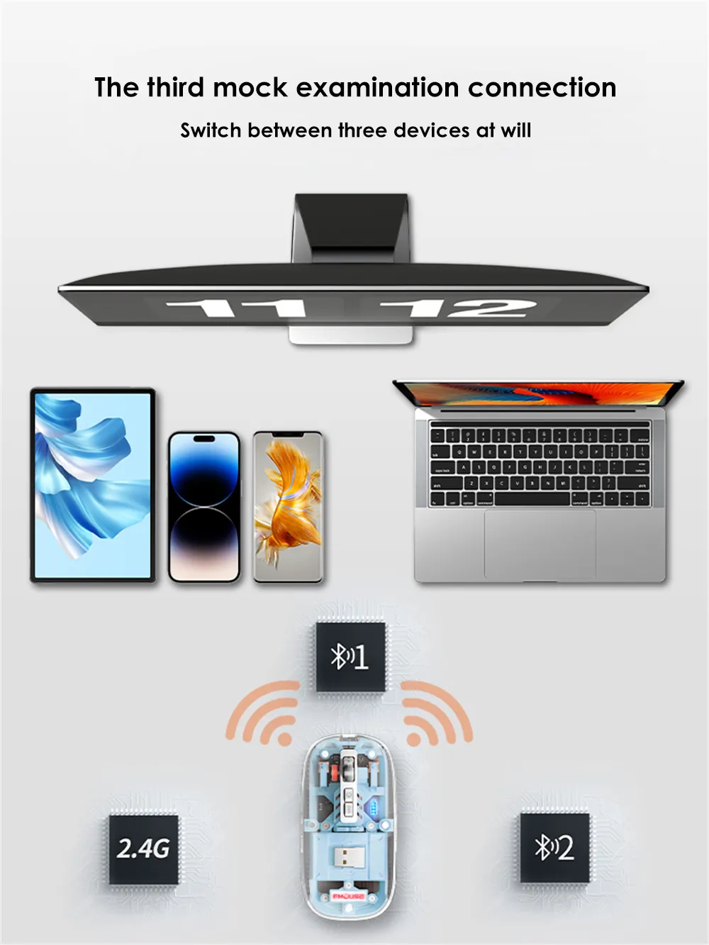 GearUP WM30 Transparent Crystal 2.4G + Bluetooth Magnetic Wireless Mouse- Gray Color alt
