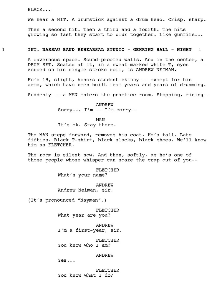 Sceneggiatura Whiplash - Pagina uno