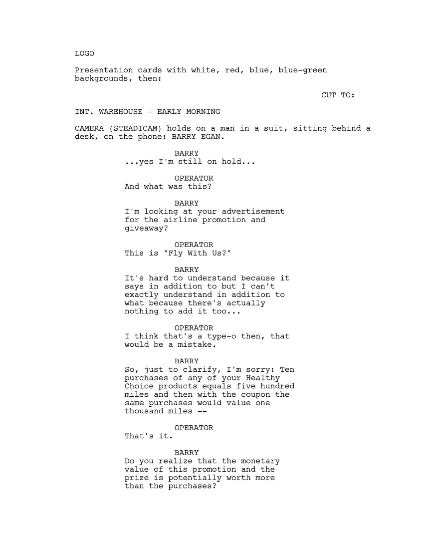Sceneggiatura Ubriaco d'amore (Punch Drunk Love): Pagina uno