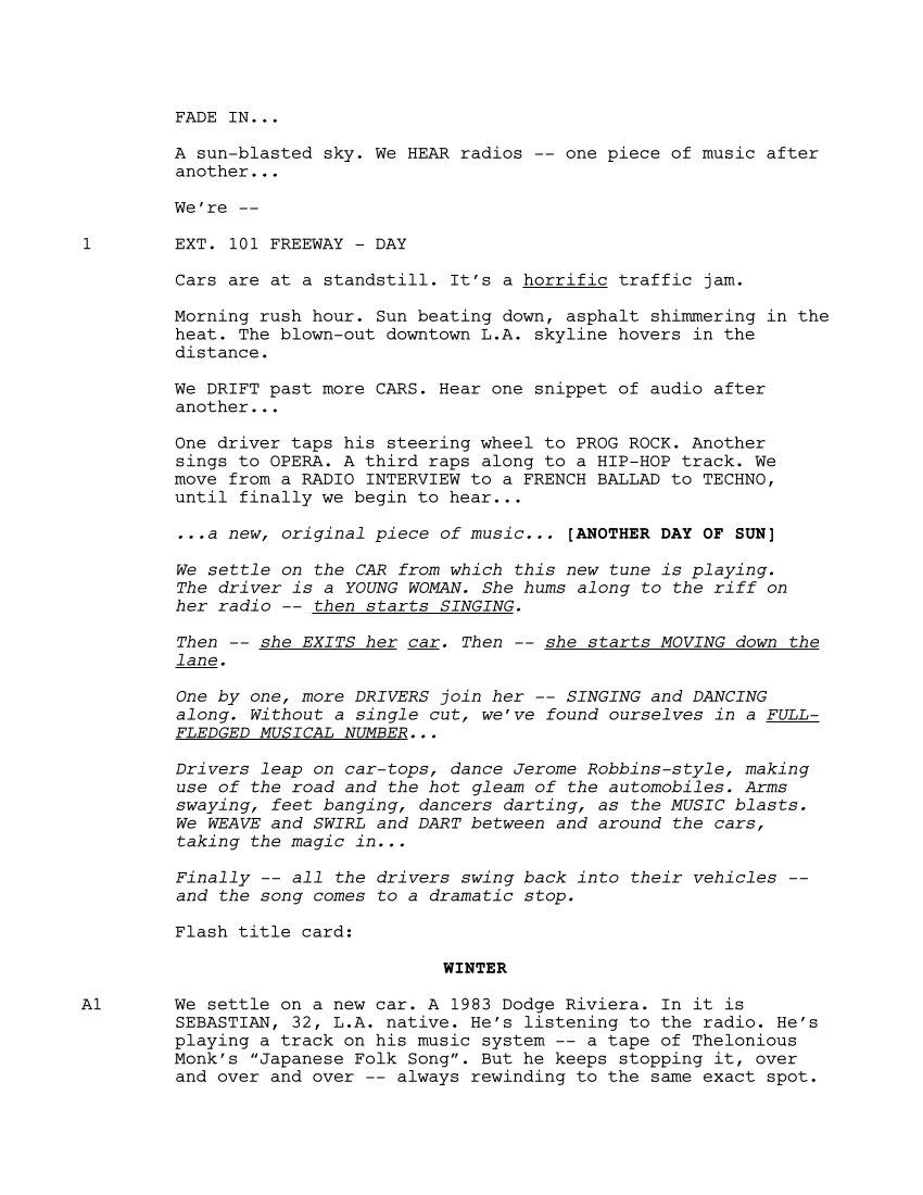 Sceneggiatura La La Land (2016): Pagina uno