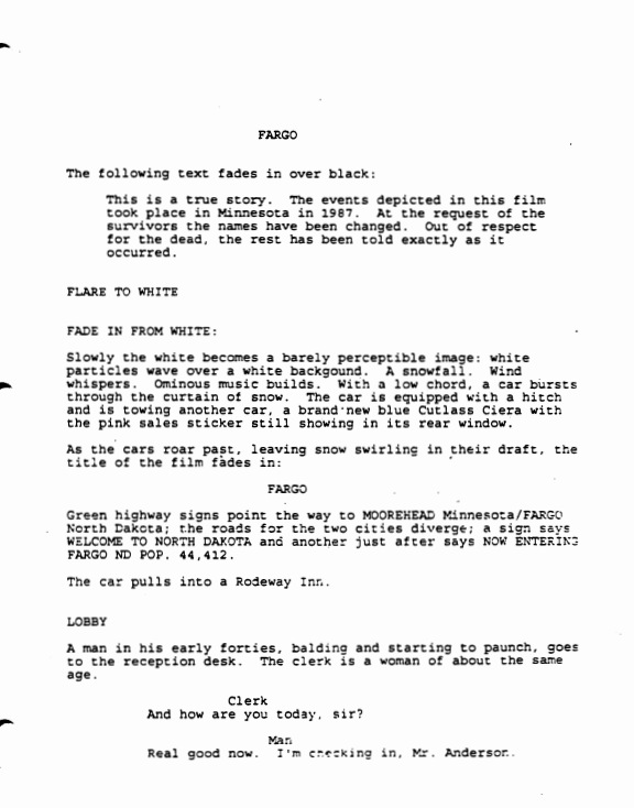 Sceneggiatura Fargo (1996): Pagina uno