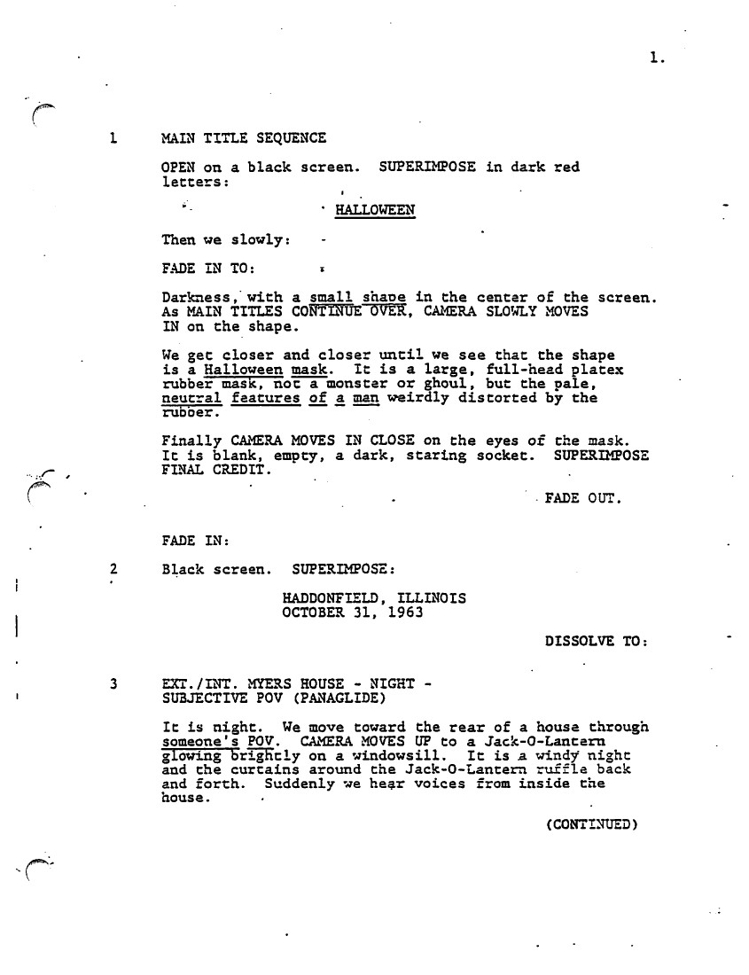 Sceneggiatura Halloween 1978 - Pagina uno