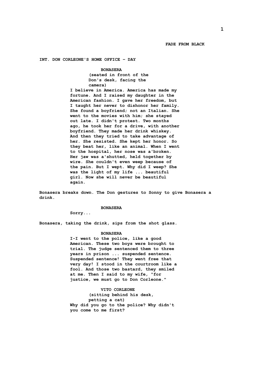 Sceneggiatura Il Padrino: Pagina uno