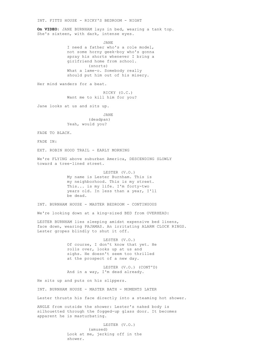 Sceneggiatura American Beauty: Pagina uno