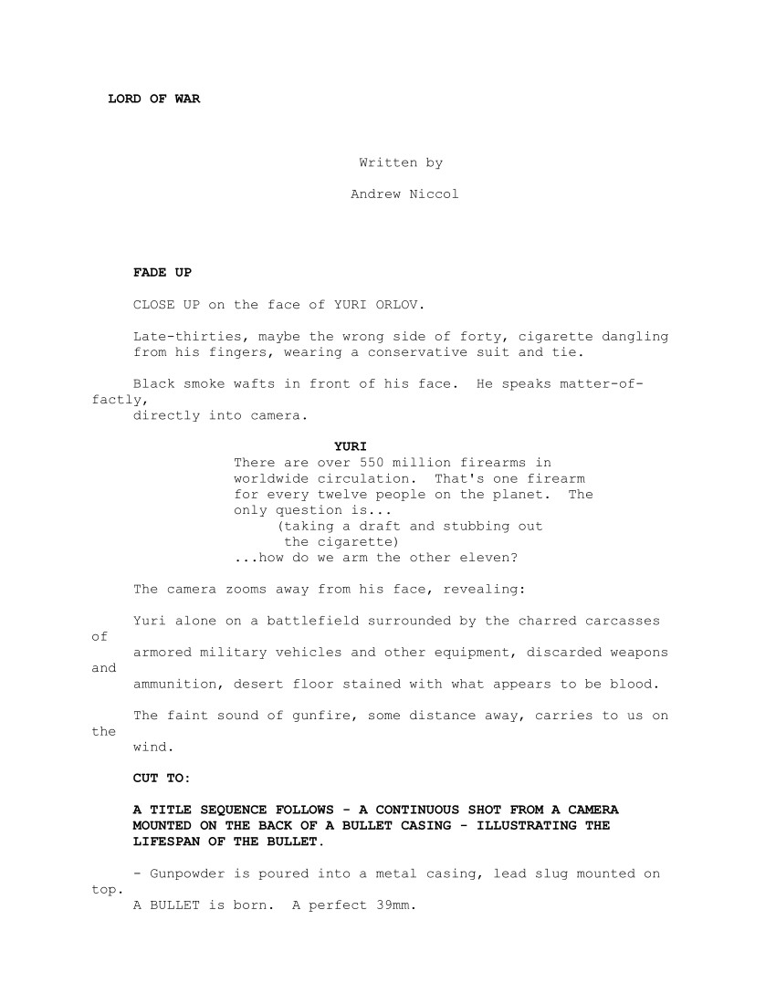 Sceneggiatura Lord of War (2005) - Pagina uno