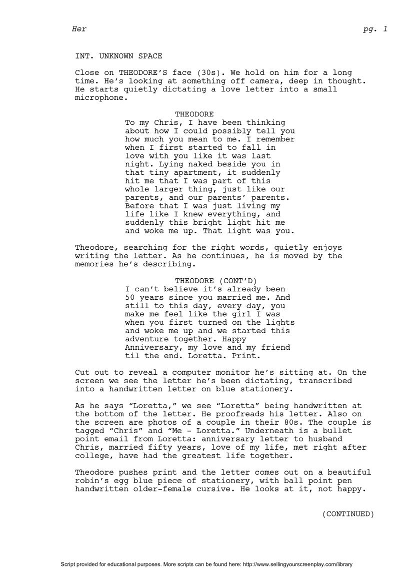 Sceneggiatura Lei (Her) (2013) - Pagina uno