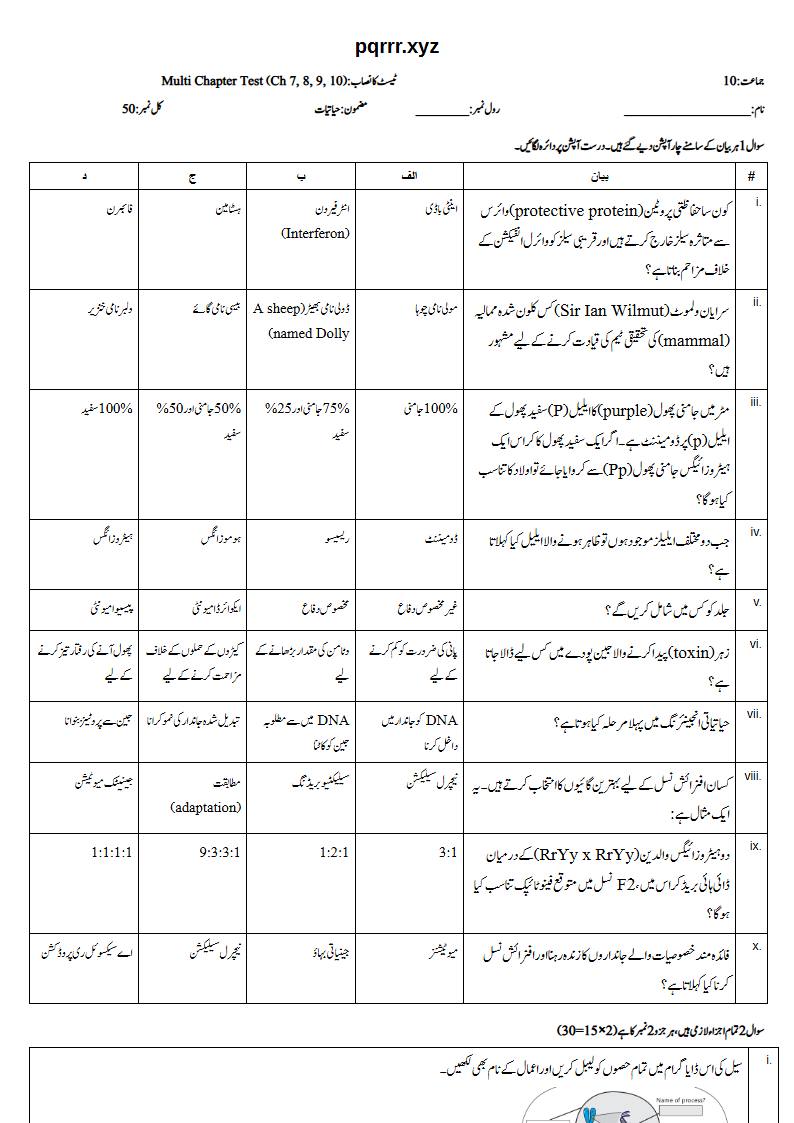 First page of 10th Biology – Chapters 7–10 – Multi Chapter Test, 50 marks (Urdu)