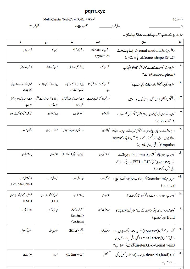 First page of 10th Biology – Chapters 4–6 – Multi Chapter Test, 75 marks (Urdu)