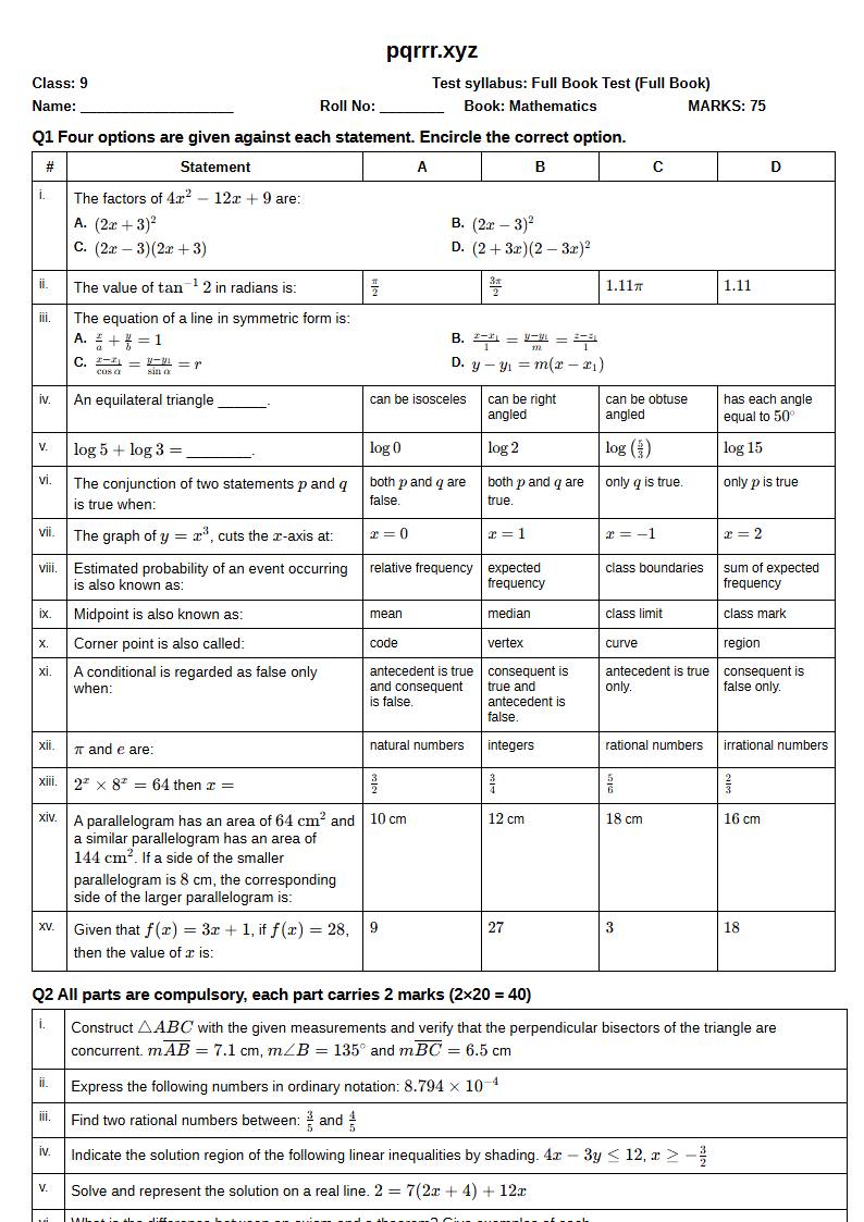 First page of 9th Mathematics – Complete book – Full Book Test, 75 marks (English)