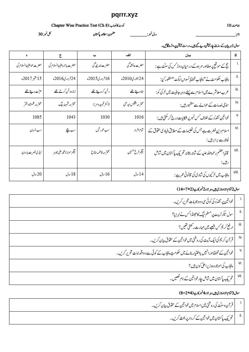 First page of 10th Pak Studies – Chapter 8 – پاکستان میں خواتین کو بااختیار بنانا – Chapter Wise Practice Test, 30 marks (Urdu)