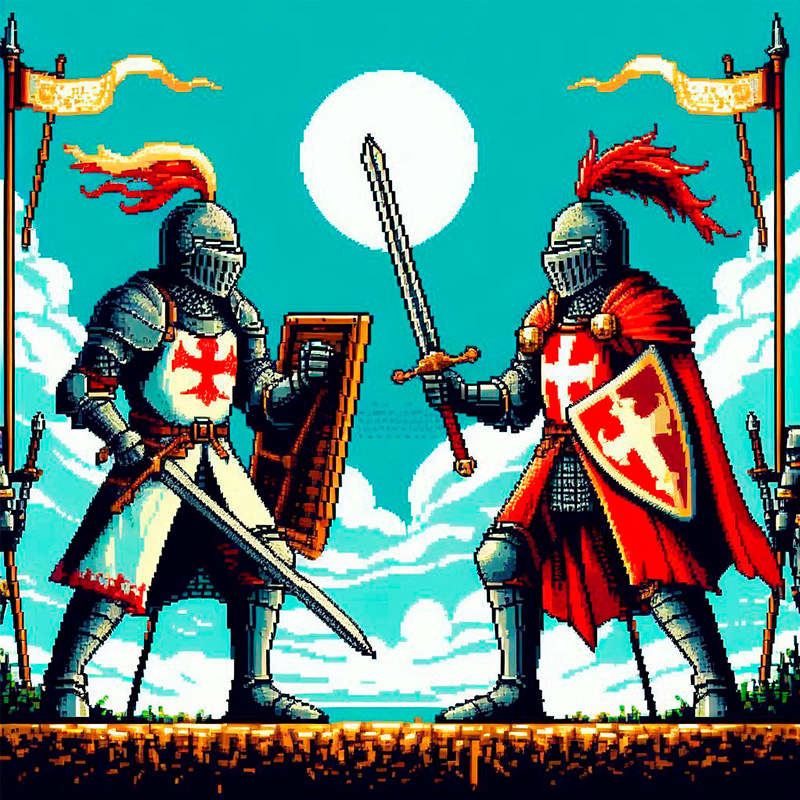 Arte de dois cavaleiros se encarando antes do combate