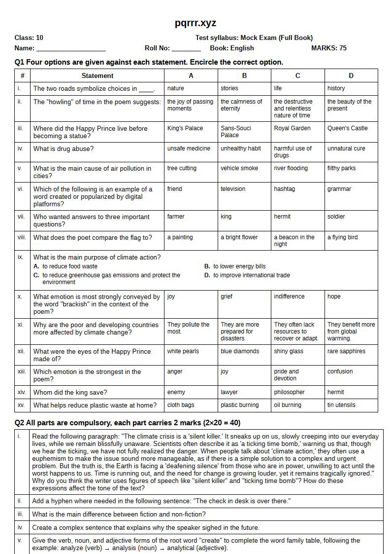 First page of 10th English – Complete book – Mock Exam, 75 marks (English)