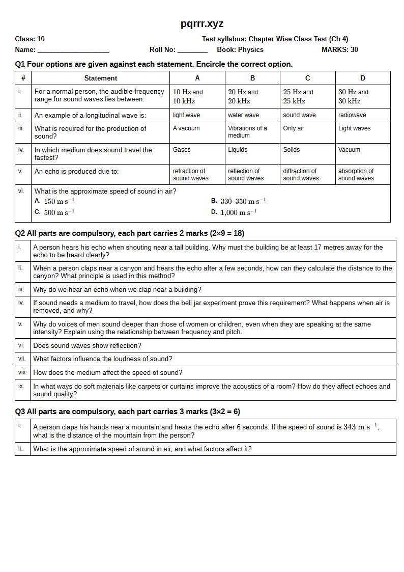 First page of 10th Physics – Chapter 4 – Sound – Chapter Wise Class Test, 30 marks (English)