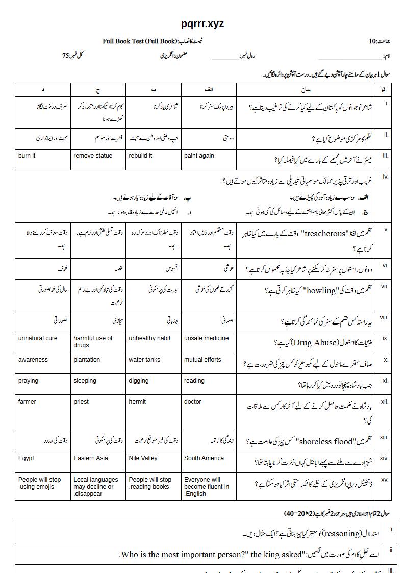 First page of 10th English – Complete book – Full Book Test, 75 marks (Urdu)