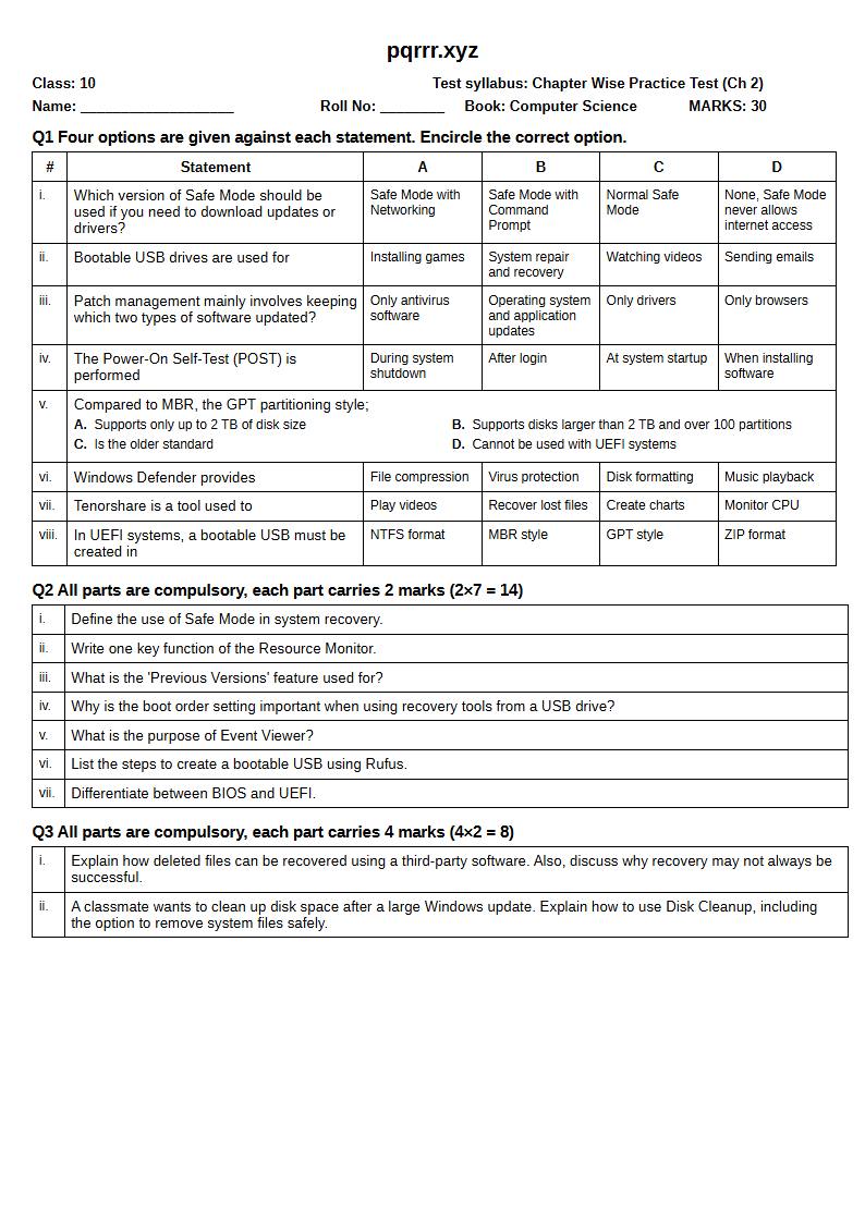 First page of 10th Computer Science – Chapter 2 – System Recovery and Advanced Maintenance – Chapter Wise Practice Test, 30 marks (English)