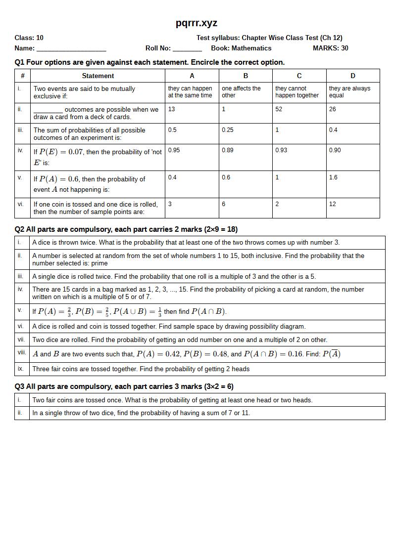 First page of 10th Mathematics – Chapter 12 – Probability – Chapter Wise Class Test, 30 marks (English)