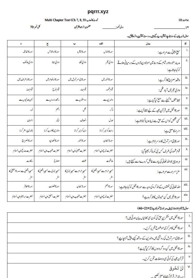 First page of 10th Tarjama-tul-Quran – Chapters 7–9 – Multi Chapter Test, 70 marks (Urdu)