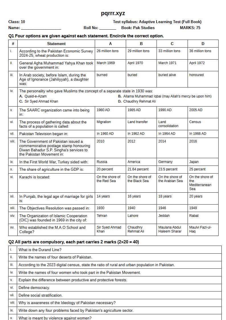 First page of 10th Pak Studies – Complete book – Adaptive Learning Test, 75 marks (English)