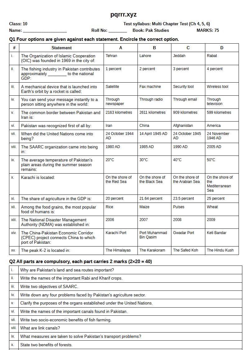 First page of 10th Pak Studies – Chapters 4–6 – Multi Chapter Test, 75 marks (English)