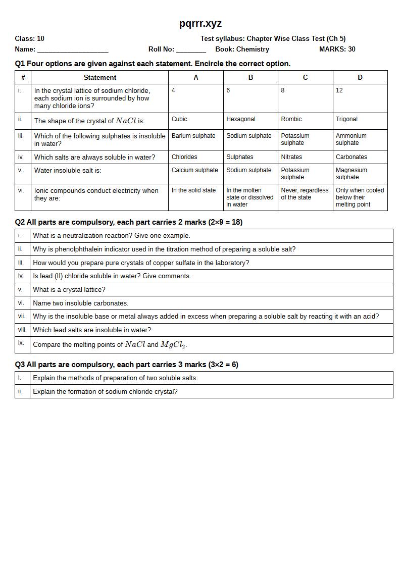 First page of 10th Chemistry – Chapter 5 – Salts – Chapter Wise Class Test, 30 marks (English)