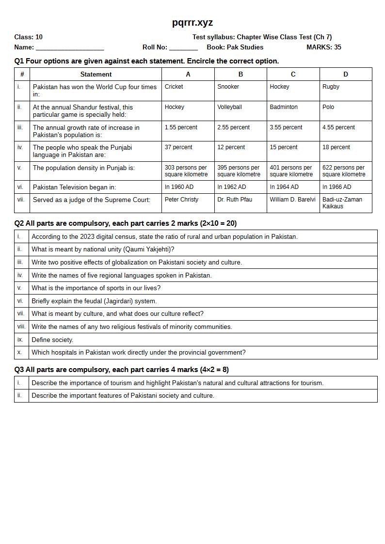 First page of 10th Pak Studies – Chapter 7 – آبادی، معاشرہ اور پاکستان میں ثقافتی تنوع – Chapter Wise Class Test, 35 marks (English)