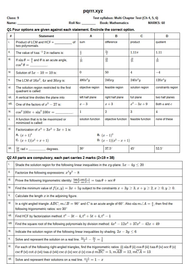 First page of 9th Mathematics – Chapters 4–6 – Multi Chapter Test, 60 marks (English)