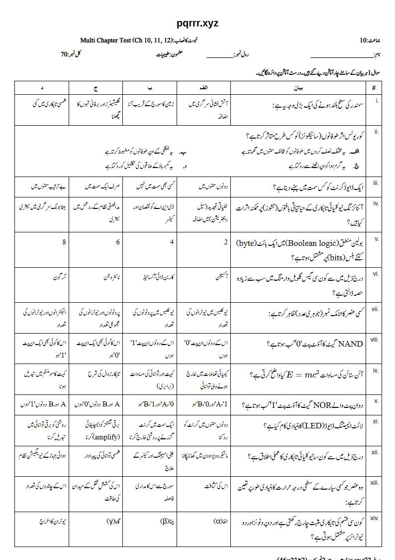 First page of 10th Physics – Chapters 10–12 – Multi Chapter Test, 70 marks (Urdu)