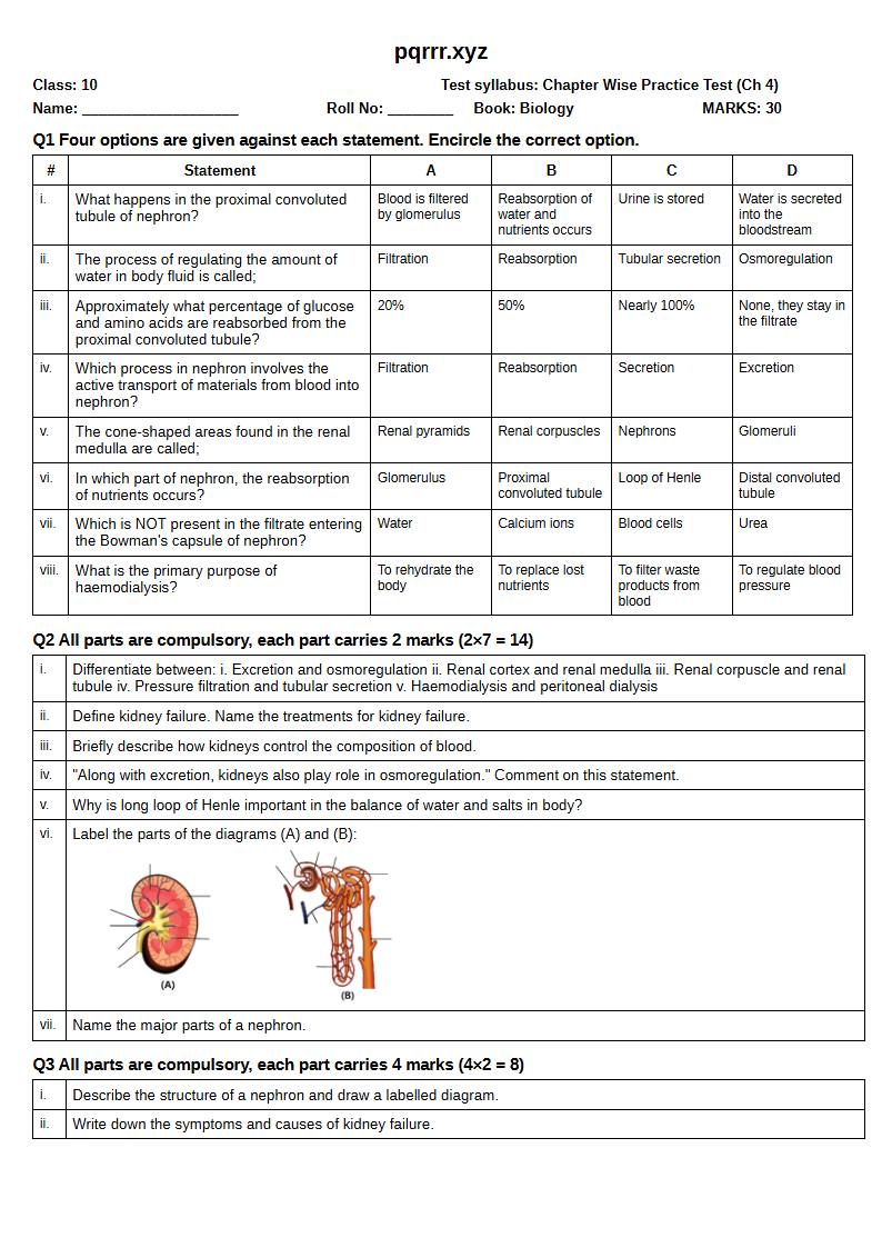 First page of 10th Biology – Chapter 4 – Human Urinary System – Chapter Wise Practice Test, 30 marks (English)