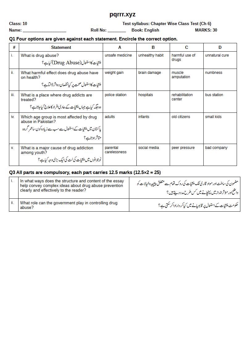 First page of 10th English – Chapter 6 – Drug Abuse – Chapter Wise Class Test, 30 marks (English + Urdu)