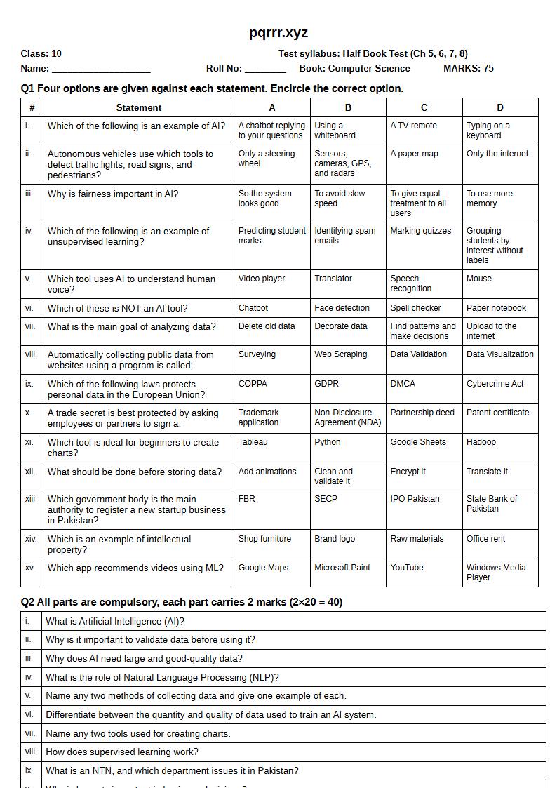 First page of 10th Computer Science – Half book (Chapters 5–8) – Half Book Test, 75 marks (English)