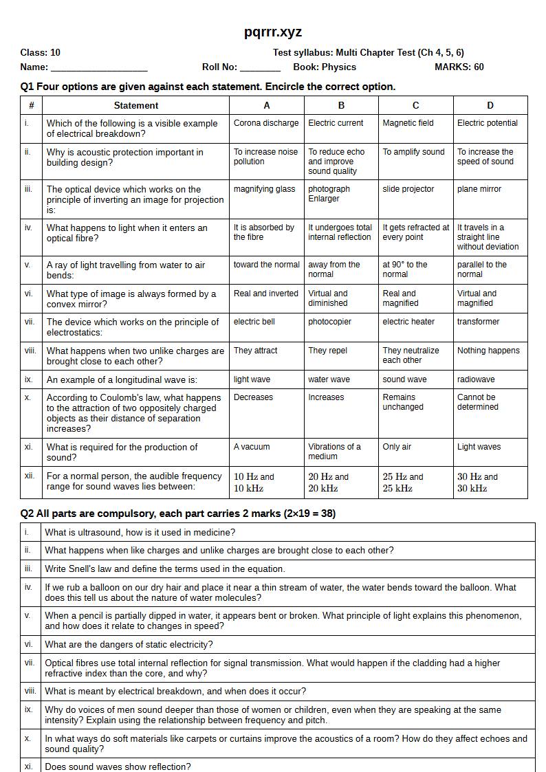First page of 10th Physics – Chapters 4–6 – Multi Chapter Test, 60 marks (English)
