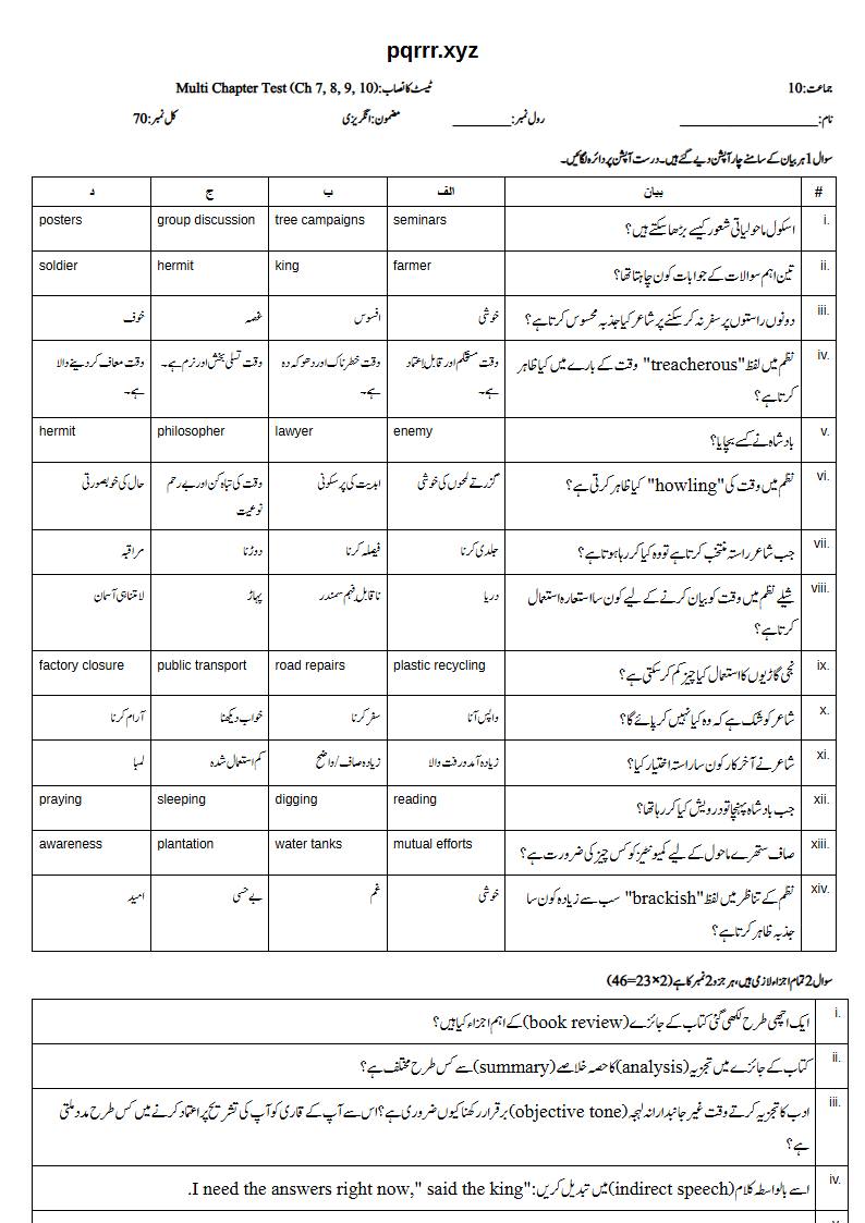 First page of 10th English – Chapters 7–10 – Multi Chapter Test, 70 marks (Urdu)