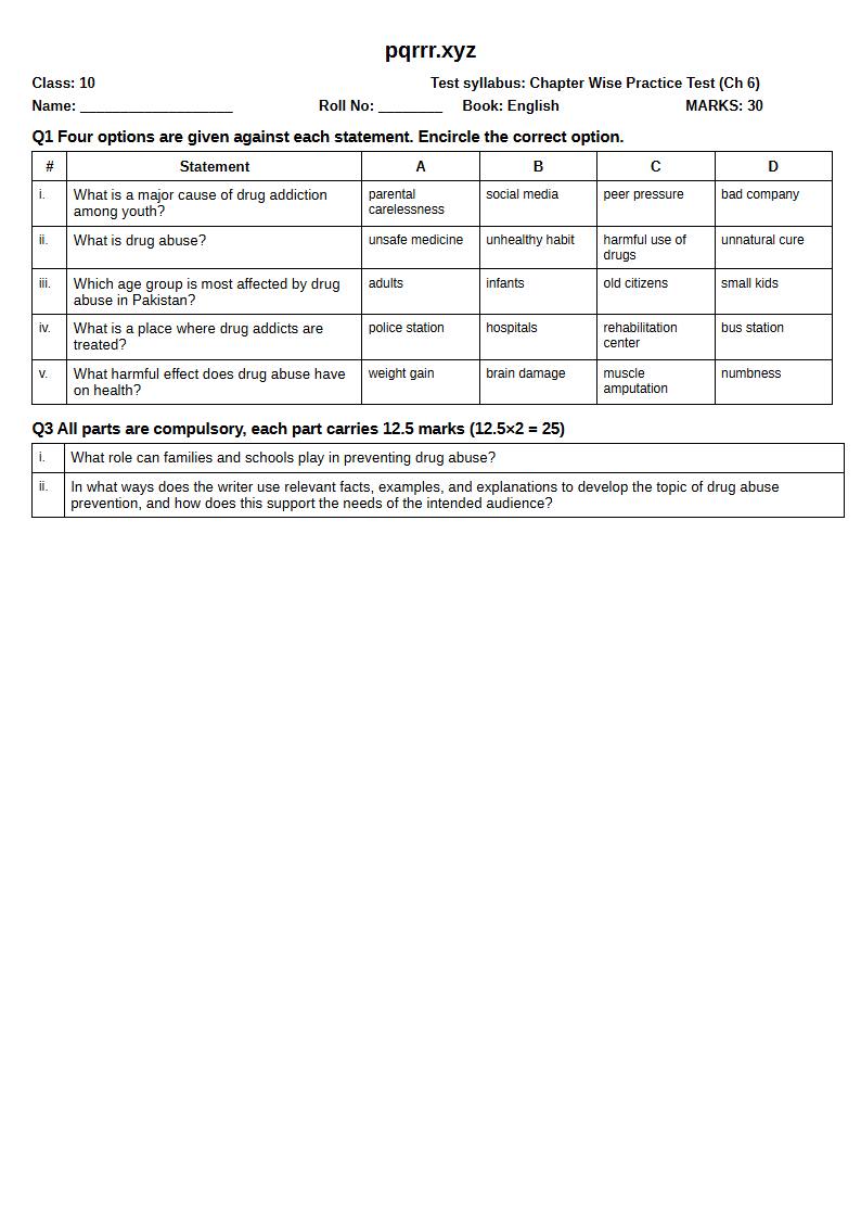 First page of 10th English – Chapter 6 – Drug Abuse – Chapter Wise Practice Test, 30 marks (English)