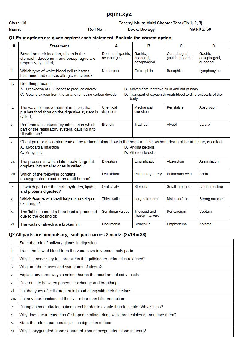 First page of 10th Biology – Chapters 1–3 – Multi Chapter Test, 60 marks (English)