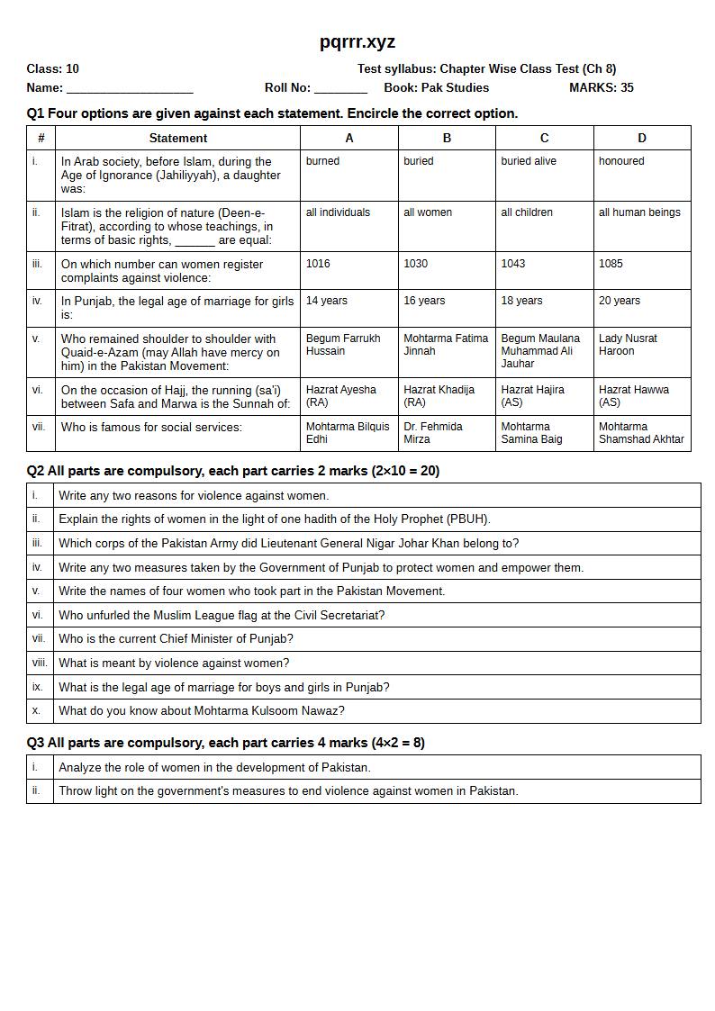 First page of 10th Pak Studies – Chapter 8 – پاکستان میں خواتین کو بااختیار بنانا – Chapter Wise Class Test, 35 marks (English)