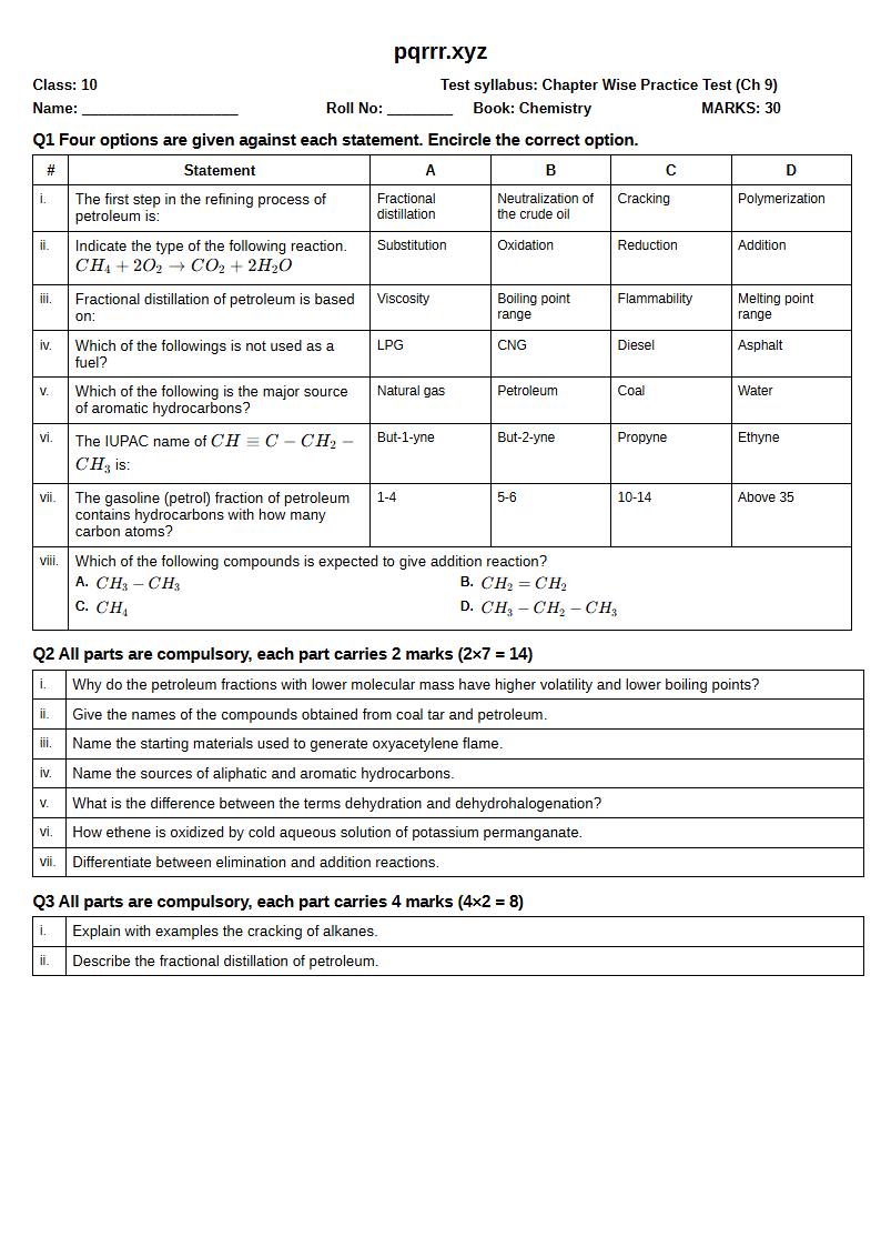 First page of 10th Chemistry – Chapter 9 – Hydrocarbons – Chapter Wise Practice Test, 30 marks (English)