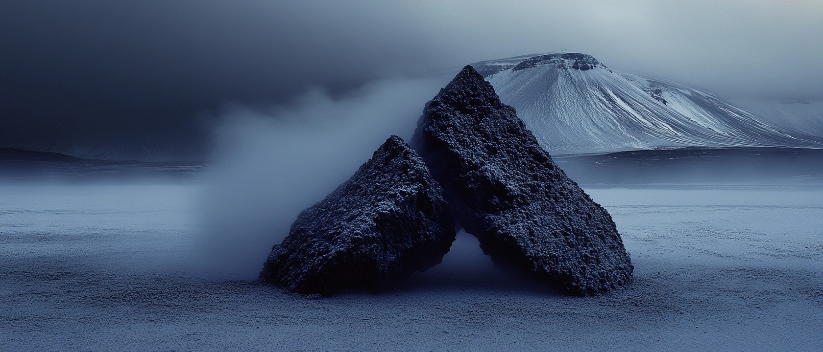 A striking landscape featuring dark, jagged rock formations rising from a desolate, fog-covered terrain. The scene is shrouded in a mysterious blue-gray hue, with clouds overhead hinting at an otherworldly atmosphere. A mountain looms in the background, its slopes dusted with snow, adding to the solitude of this stark yet beautiful environment.