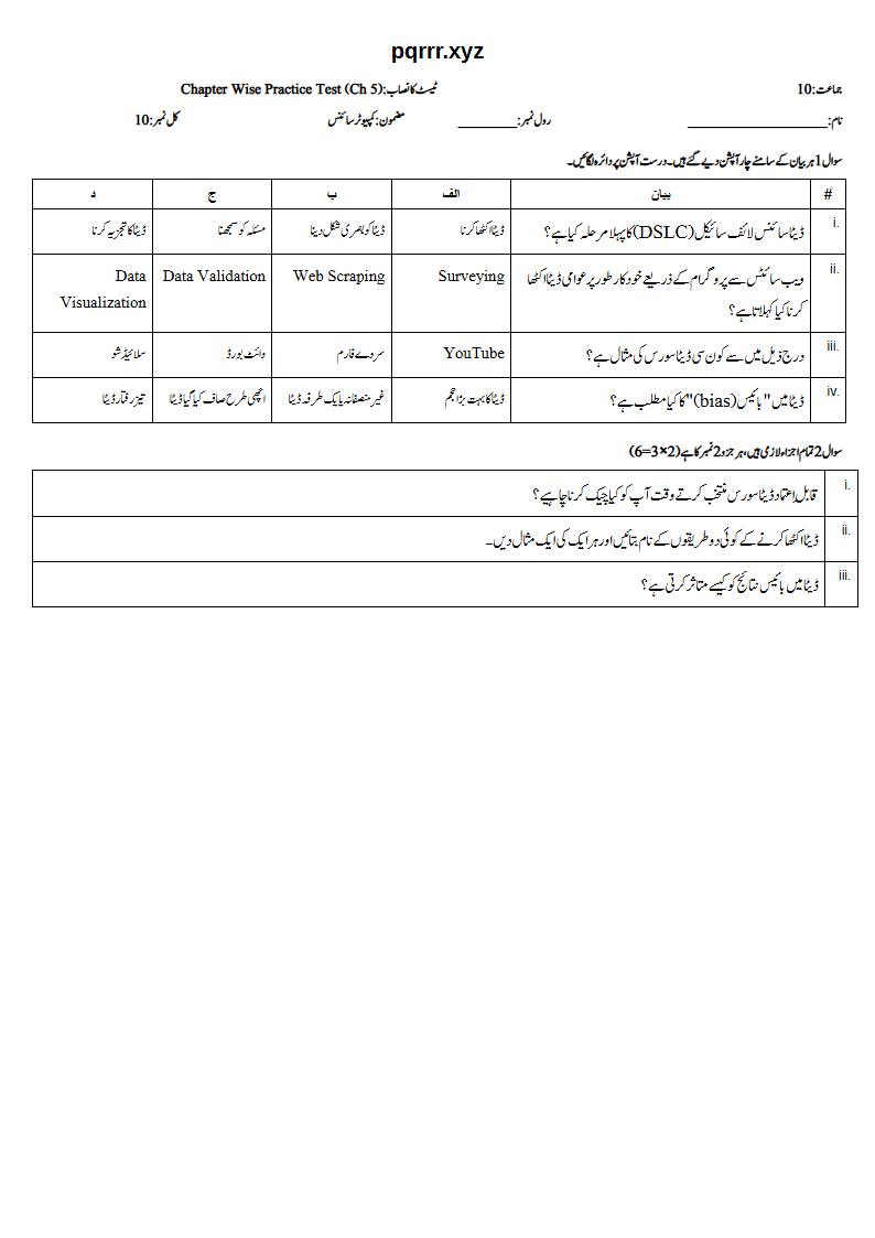 First page of 10th Computer Science – Chapter 5 – Introduction to Data Science – Chapter Wise Practice Test, 10 marks (Urdu)