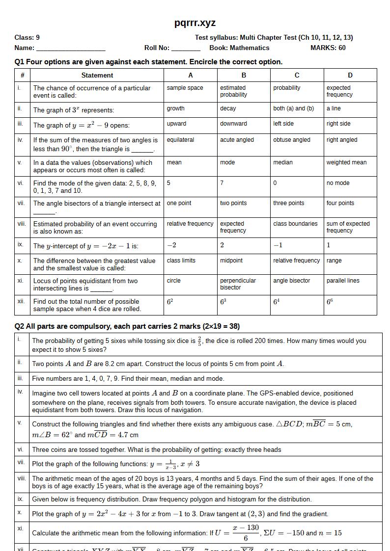 First page of 9th Mathematics – Chapters 10–13 – Multi Chapter Test, 60 marks (English)