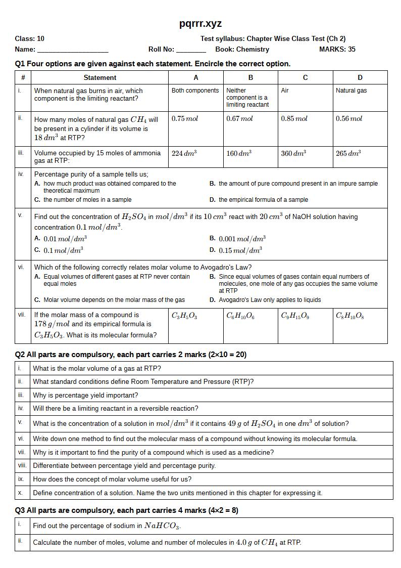 First page of 10th Chemistry – Chapter 2 – Stoichiometry – Chapter Wise Class Test, 35 marks (English)